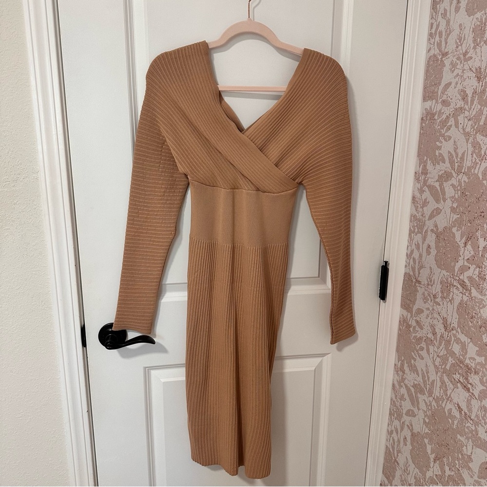 Elegant Tan Ribbed Knit Dress